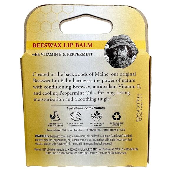 Burts Bees Lip Balms Original Flavor Box Of 4 Beeswax Vitamin E & Peppermint Oil - Picture 2 of 15